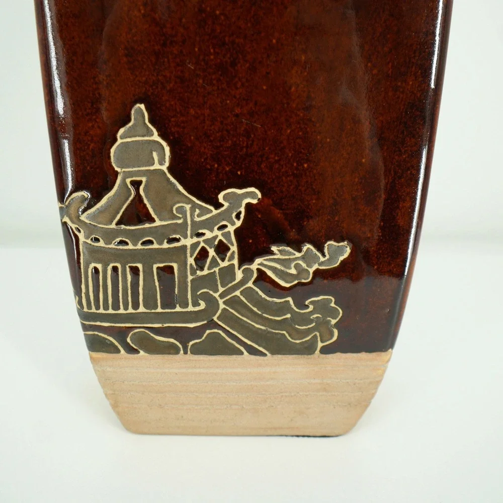 Pier 1 Imports Pagoda Vase Large Brown Ceramic Chinoiserie Asian Modern Decor